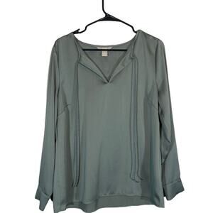 H&M Olive Green Long Sleeve Tie V-Neck Classic Dressy Blouse Women Sz M
